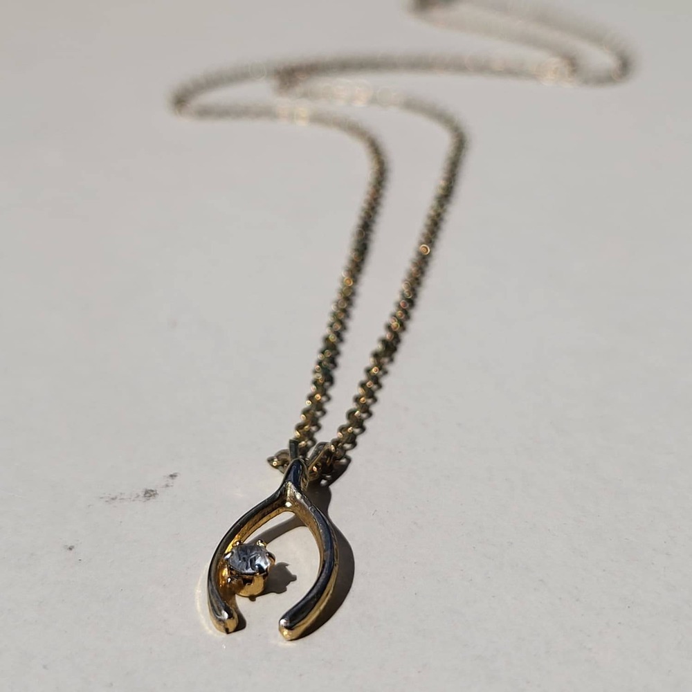 Vintage Gold Tone Metal Wishbone Pendant Clear Stone Accent Necklace - Picture 2 of 7